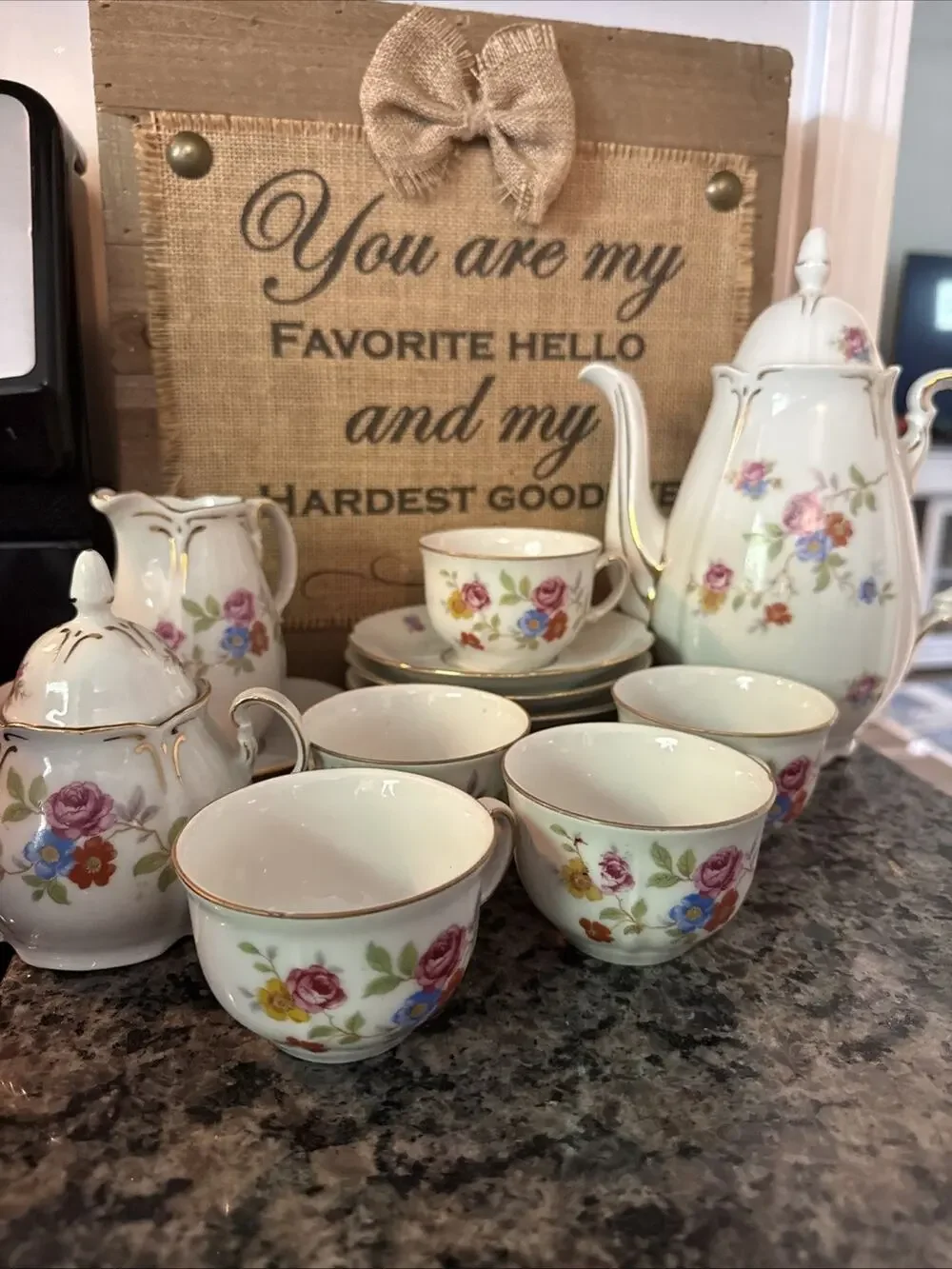 Vintage Rare Us Zone Germny Porcelain Tea Set Beautiful 14Piece Floral Gold Trim